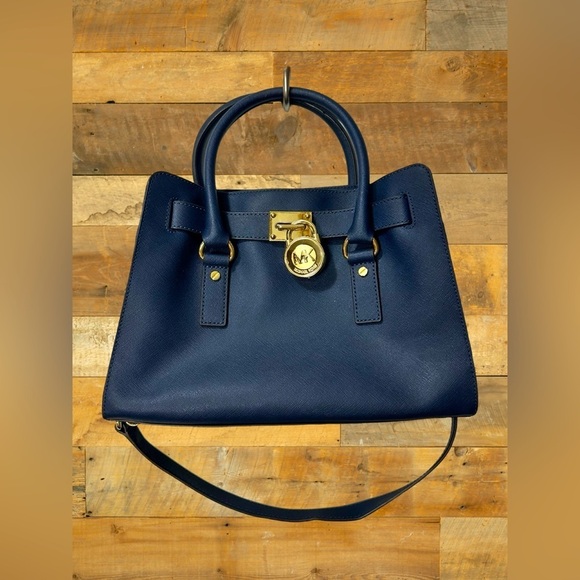 Michael Kors Hamilton Medium Leather Satchel Dark Navy Blue